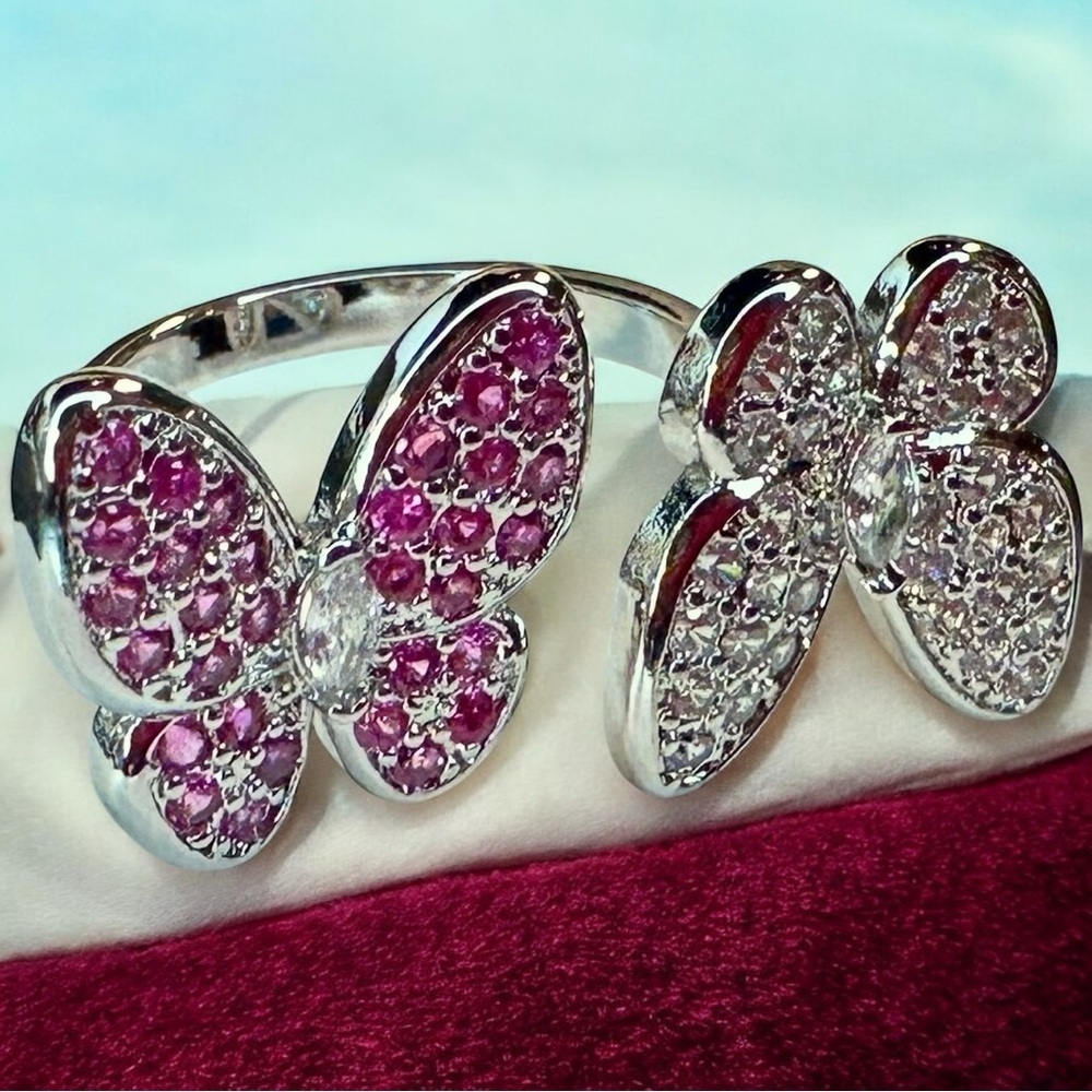 NEW Pink & White CZ Double Butterfly In-Between Finger Ring in Silver